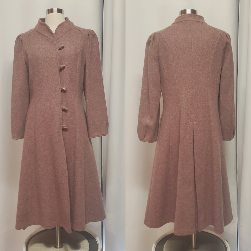 Vintage 60s 70s Mod Academia Dusty Mauve Long Wool Winter Toggle Trench Coat S/M